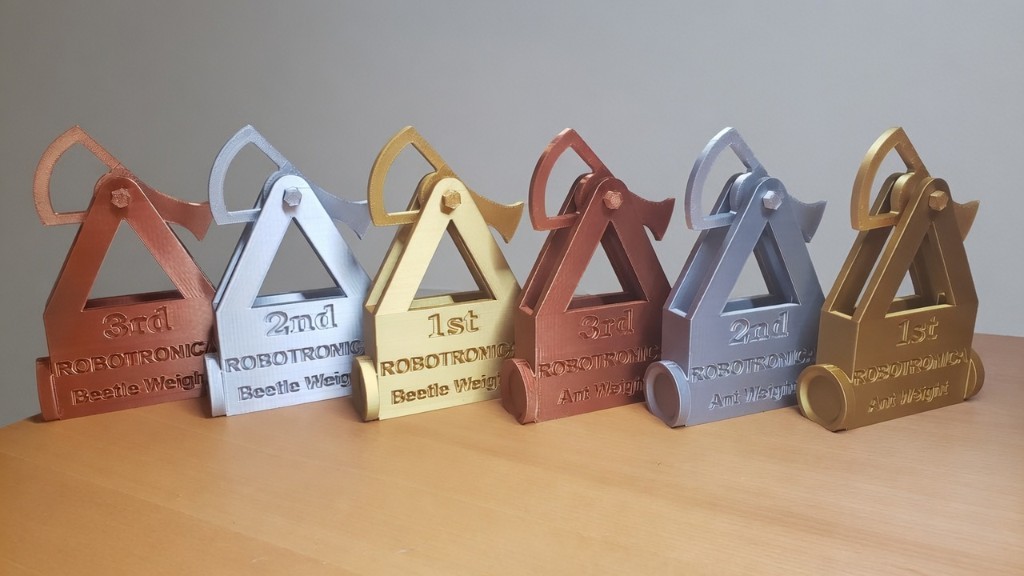 Robotronica placement trophies â€” Beetle and Ant weight, 1st through 3rd