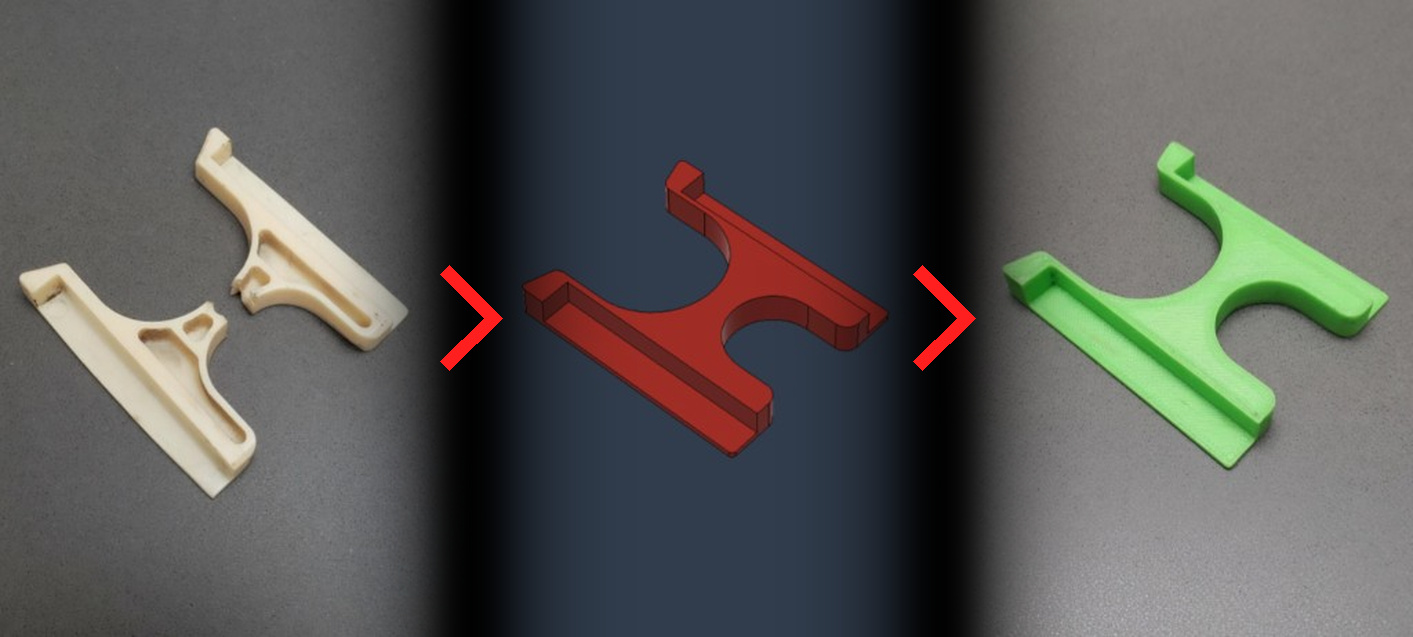 Reverse-engineered door lock â€” broken original, CAD model, and 3D-printed replacement